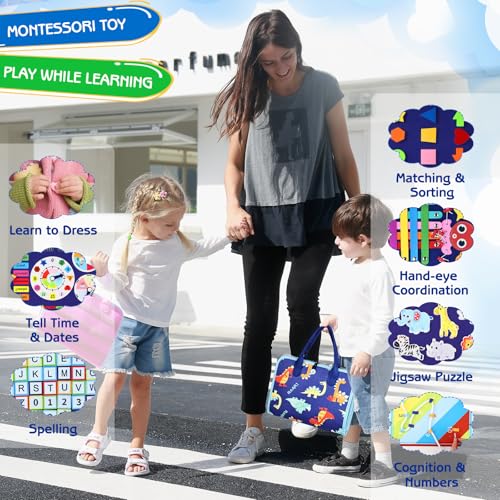 esjay toddler busy board montessori toys for boys sensory board educational activities for learning fine motor skills birthday gifts for boys toddlers travel toys for airplane car blue dinosaur