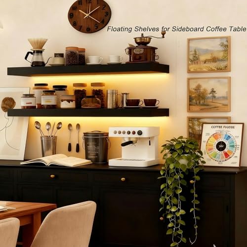 Image of ROGMARS Black Floating Shelves for Wall with Led Light 36 Inches Long,Rustic Solid Wood Farmhouse Wall Shelves with Invisible Brackets for Bedroom, Living Room, Kitchen, Bathroom Set of 2