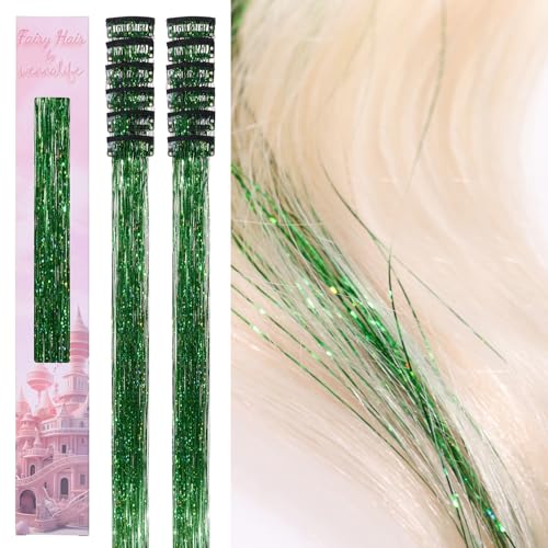 Image of WENNALIFE Hair Tinsel kit for Girls, Clip in Green, 12PCS 24 Inch Hair Accessories for Women Clip in Colorful Glitter Tinsel Hair Fairy Girls Accessories for Kids