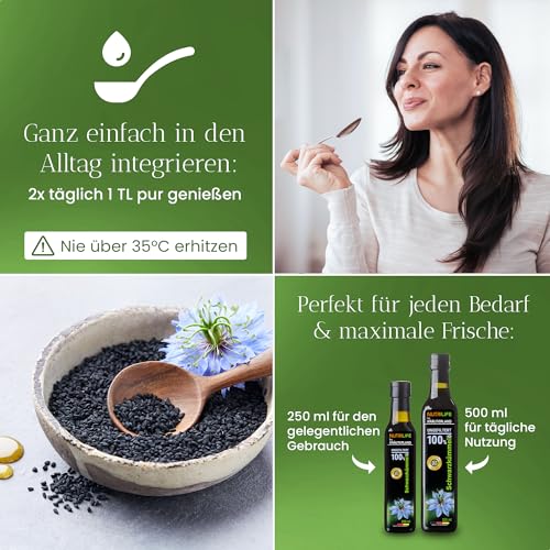 NUTRILIFE by Kräuterland Schwarzkümmelöl 4x250ml (1Liter), ungefiltert, kaltgepresst, ohne Zusatz von Aromen, Frabstoffe & Konservierungsstoffe, reich an Thymochinon, täglich mühlenfrisch