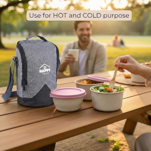 Image of Happy Cove Eco Friendly Lunch Box for Office Use | Biocomposite Wheat Straw, Rice Husk & Bamboo Fibre | 3 Pink Containers with Grey Lunch Bag | Microwave & Oven Safe | Unbreakable Tiffin Box for Men