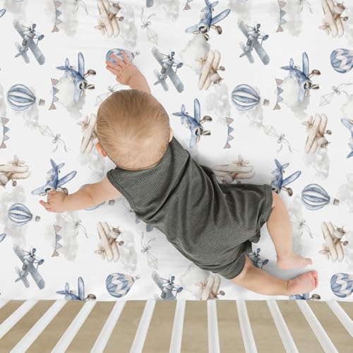 Image of Vintage Planes Airplanes Helicopters Baby Crib Sheets Boy Girl 28 inchx52 inch Hot Air Balloon Plane Clouds Sky Soft Stretchy Fitted Crib Mattress Cover Baby Sheet for Standard Crib & Toddler Mattress Pad