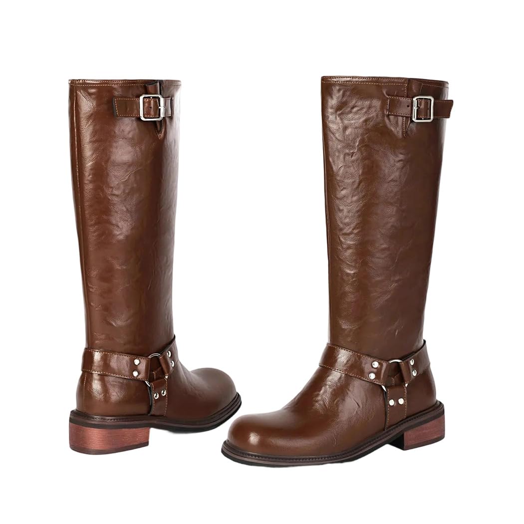 Womens Knee High Boots Chunky Heel Buckle Round Toe Slip On Vintage Knight Boots