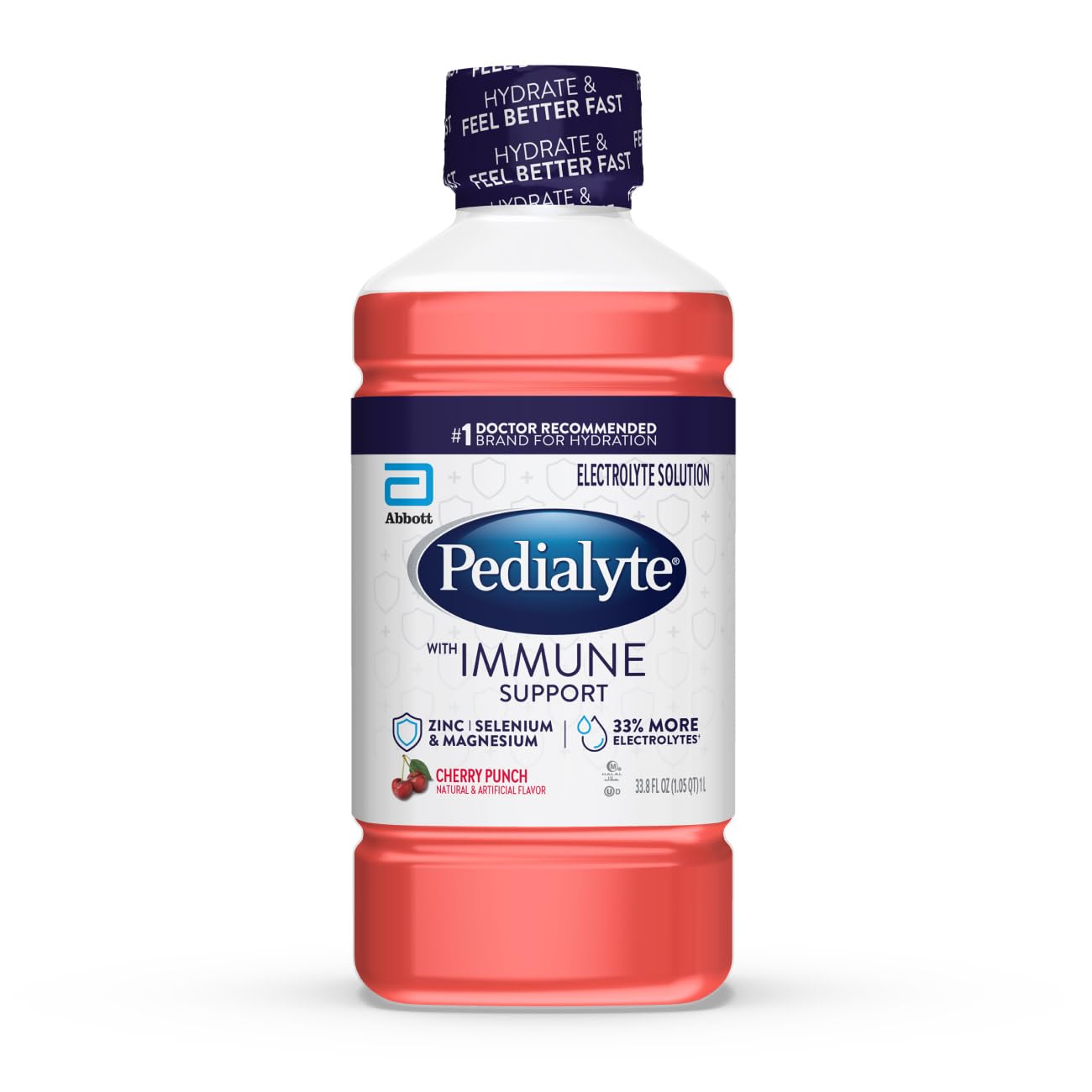 Pedialyte with Immune Support Electrolyte Solution, Hydration Drink with Zinc, Selenium, and Magnesium, Cherry Punch, 1 Liter Cherry Punch 33.8 Fl Oz (Pack of 1)