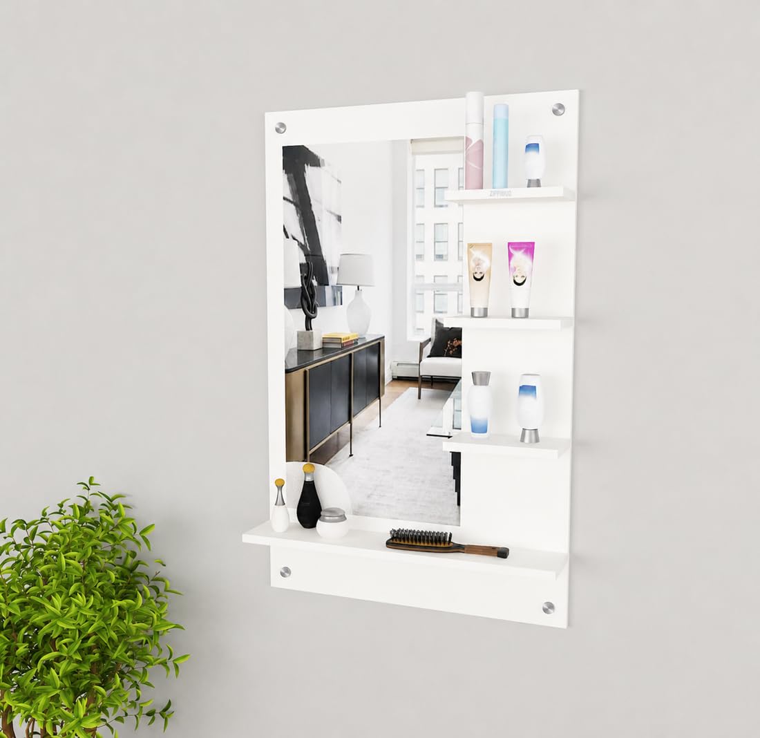 Engineererd Wood Wall Mirror with Side Shelves Organizer White | 80x60cm Storage Shelve Frame Bathroom Bedroom Salon Dark Finish Storage Home Makeup Cosmetic Cabinet Wash Basin Mount Design-image-48
