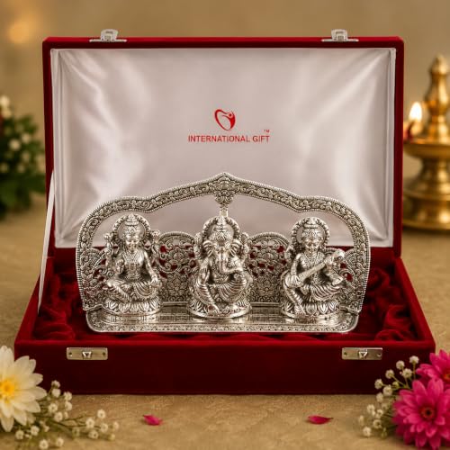INTERNATIONAL GIFT® Silver Laxmi Ganesh Sarswati Idol Statue Oxid...