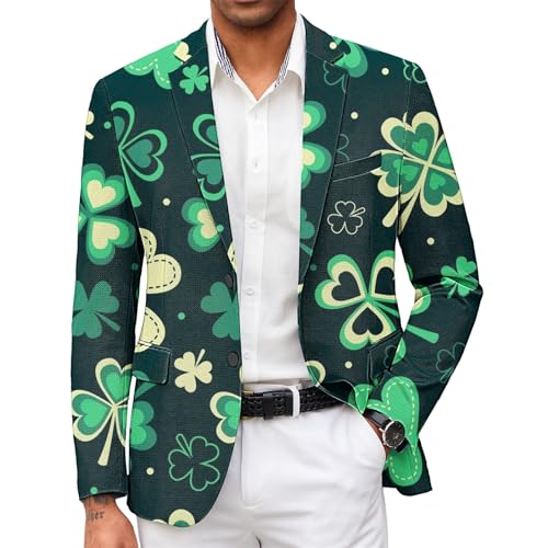 Blazer para hombre del Día de San Patricio, chaqueta de fiesta con patrón de trébol, traje verde y blanco, blazer elegante con temática irlandesa de un solo botonadura, ligero y cómodo para las