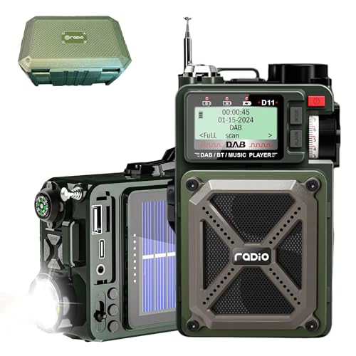 Radio a carica solare, portatile di emergenza, radio FM DAB con Bluetooth 5.3, torcia a LED, manovella, batteria ricaricabile, SOS, scheda USB/SD, jack da 3,5 mm, rumore bianco per campeggio