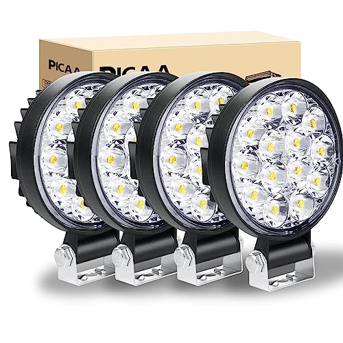 PICAA Foco de trabajo LED 4PCS 3.2 pulgadas 42W Mini Ronda LED Spot Tractor 12V-24V 6000K Focos LED para Tractores IP68 Impermeable Luz de Niebla Coche,SUV, UTV, ATV, Off-road,Camión,Moto,Barco