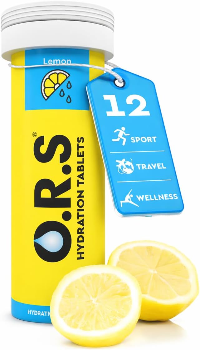 O.R.S Hydration Tablets with Electrolytes for Rehydration, Wellness, Travel, Sports & Recovery | Vegan, Gluten-Free & Low-Calorie Electrolyte Tablets with Natural Lemon Flavour, 12 Tablets
