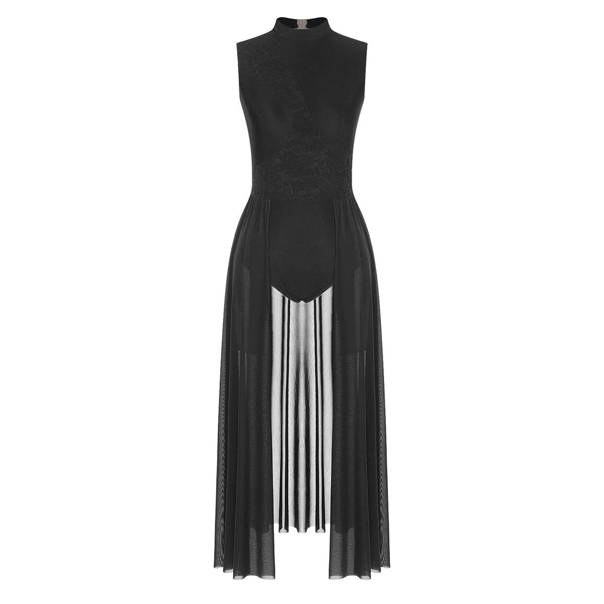 Lyrical Tanzkleid für Damen, florale Spitze, Stehkragen, offener Rücken, ärmellos, Gymnastikanzug, Maxikleid, Bühnenauftrittskostüm