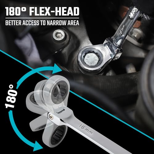 DURATECH Flex-Head Ratelsleutelset, combinatiesets, 72 tanden, metrisch, 9-delig, 8, 10, 11, 12, 13, 14, 15, 16, 17mm, CR-V staal, met rolkoffer - Afbeelding 5