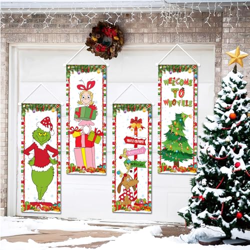 Christmas Decorations Large 4 PCS Green Monster Stretching Portraits Christmas Vinyl Backdrop Decor Outdoor Grinchmas Poster for Indoor Holiday Home Wall Art Wallpaper Hanging Porch Sign Banner Party