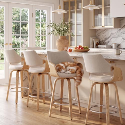 Image of HNY 26 inch Swivel Bar Stool Set of 1, Beige Chenille Counter Height Barstool