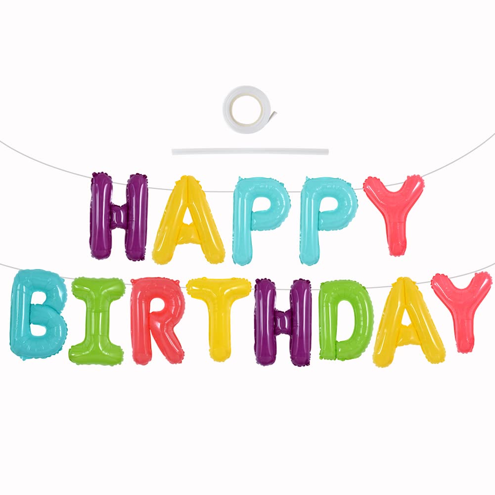 TONIFUL Coloful Macaron Rainbow Happy Birthday Balloons Banner with Ribbon Straw, 16 Inch Mylar Foil Letters Birthday Sign Bunting Reusable for Girls
