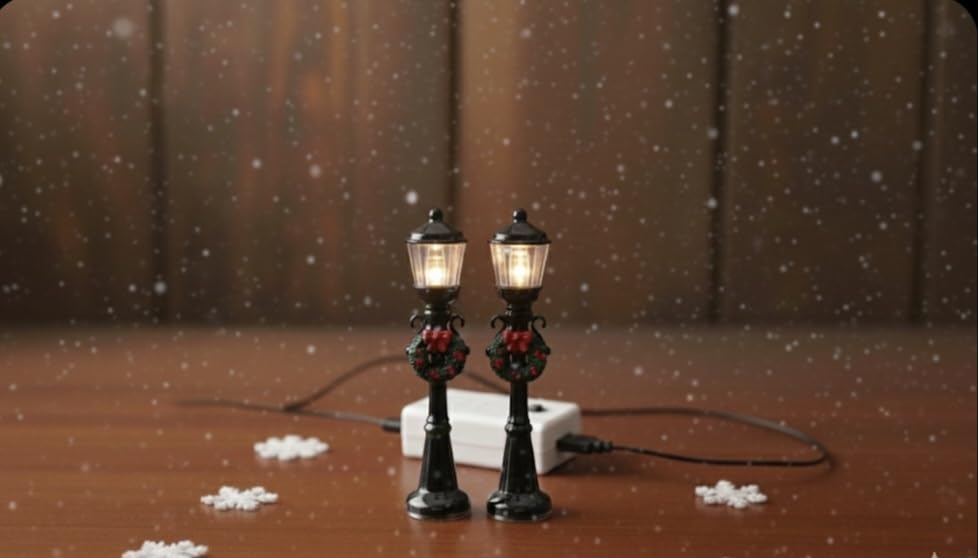 Miniature Christmas Village Street Lamps, Set of 2 Battery-Powered LED Lamp Posts with Holiday Wreaths, 1:12 Scale Victorian Lanterns for DIY Holiday Displays-image-3