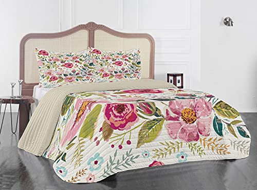 Lunarable Floral Microfiber Bedspread Set, Shabby Form Flowers Roses Petals Dots Leaves Buds Spring Season Theme Image Art, Soft Bedding Set With Pillow Shams & Comforter, Queen Size, Pink Multicolor #TOP1