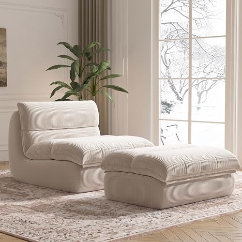Bean Bag Chair with Ottoman, Cozy Comfy Reading Nook Chairs, Ultra Soft Corduroy Fabric Bean Bag Chairs for Adults, Reading Chair with Ottoman for Living Room, Bedroom Apartment (Beige)