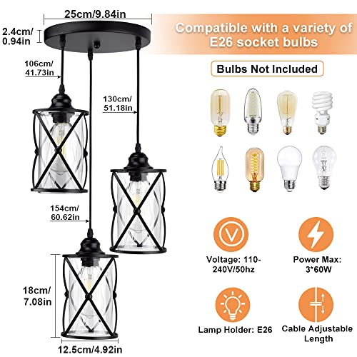 image for DINGLILIGHTING DLLT 3-Light Industrial Pendant Light, Black Metal Cage