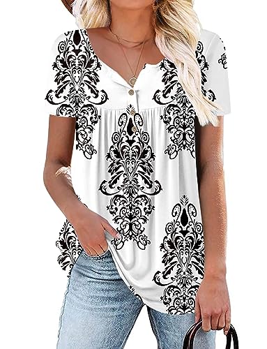 KISSMODA Ladies Pleated Tunic Tops for Women Buttons up Long Slee...