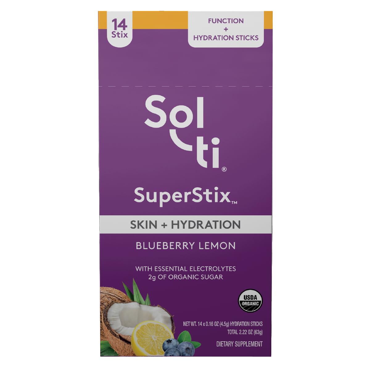 Sol-ti Organic Electrolyte Skin + Hydration Powder Drink Mix, Superfood Hydration Powder Sticks, SuperStix, Non-GMO, Vegan, Blueberry Lemon, 14 Single-Serving Sticks
