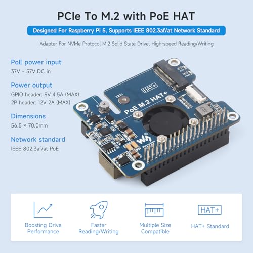 waveshare NVME PCIe to M.2 Adapter with PoE Function for RPI, Compatible with Raspberry Pi 5, Supports NVMe Protocol M.2 Solid State Drive 2230/2242, Supports 802.3af/at, with Cooling Fan - Image 4