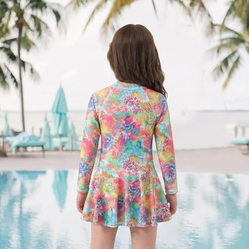 Image of Aisyee Girls One Piece Swimsuits Swim Dress for Girls Long Sleeve Rash Guard Bathing Suits Hawaiian Skirt Swimwear 3-16 Years