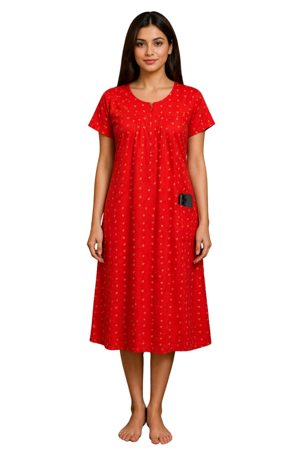 rangyaatra Women's Hosiery Cotton Nighty, Floral Print, Zip Neck, Side Pocket, Midi Length, Regular Fit Sleepwear-picture-14