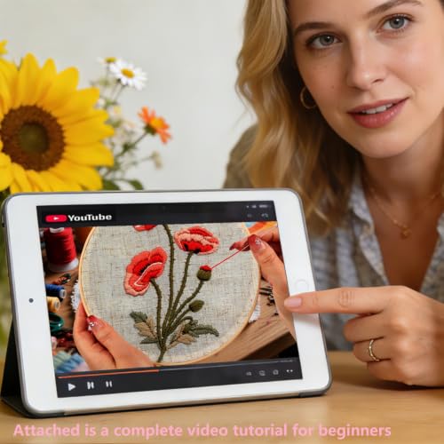 Image of Vintage Flowers Embroidery Kits for Beginners Adults, Floral Hand Embroidery Starter Kit, Stamped Cross Stitch Kits DIY Needlepoint Kits for Beginners Adult, Embroidery Hoop, Thread and Video Tutorial