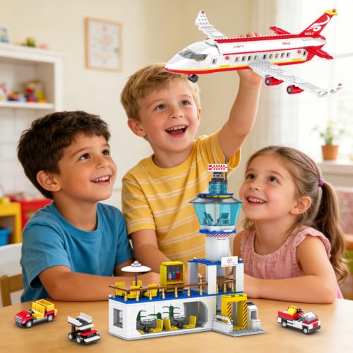 Image of WINGIFT 880 Pcs City Airport Passenger Terminal Building Set, 6 in 1 Airplane Building Blocks Toy, STEM Aircraft Bricks with Shuttle Bus,Luggage Cart,Planes Model Toys Gifts for Boys Girls Ages 6-12+