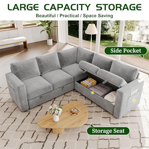 Image of Sectional Corduroy Sleeper Sofa with Pull Out Couc (Pale Gray, 5 Seat)