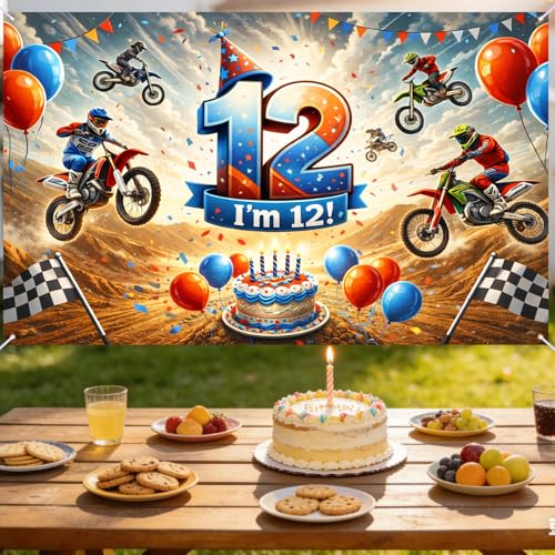 Image of Nuxovilar Happy 12th Birthday Banner Backdrop 71 inchx43 Polyester | Celebrate Party Supplies, Celebration Decor. Dirt Bike Birthday Party Decorations. Yard, Garage, Room. (Dirt Bike 12th)