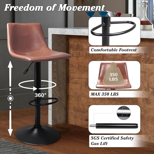 Image of Waleaf Adjustable Bar Stools Set of 2, Modern Faux Leather Swivel Barstools