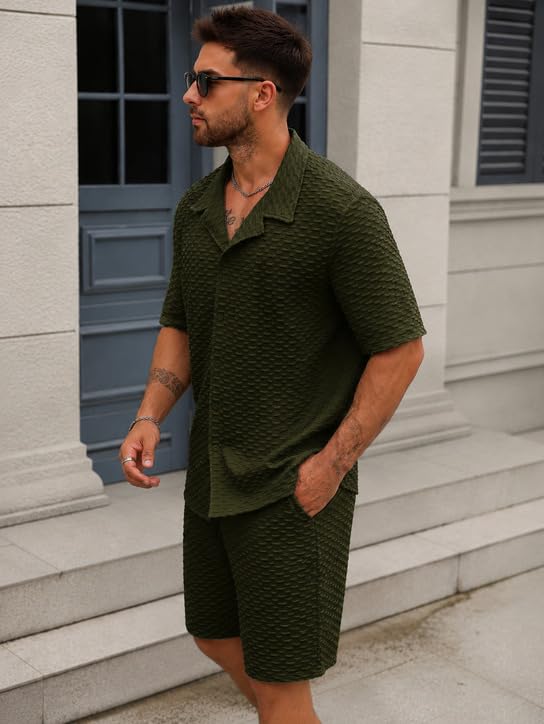 Image of Zilcon Men's Textured Co-Ord Set | Half Sleeve Cuban Collar Shirt & Shorts | Casual Summer Lounge Wear | Premium Matching Outfit