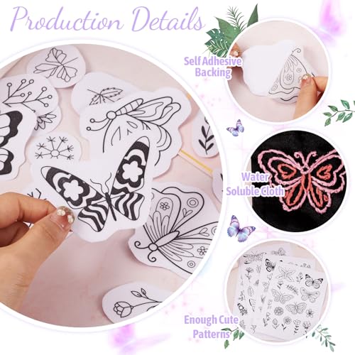 Image of Magibeads 64 Patterns Butterfly Flower Water Soluble Embroidery Patterns Spring Theme Stick and Stitch Transfer Embroidery Paper for Adult Beginners Hand Sewing Starter Kit