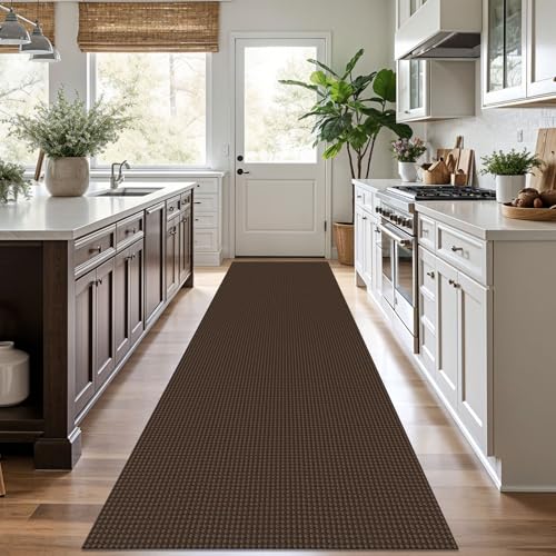 KOZYFLY Runners for Hallways 3x10 ft Washable Kitchen Runner Non Slip Rubber Backed Hallway Rugs Cotton Entryway Runner Rug Floor Carpet for Indoor Hall, Backdoor, Kitchen, Reddish Brown/Coffee