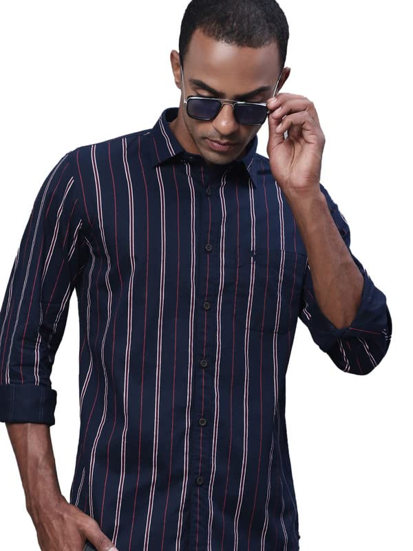 Image of Cantabil Men Cotton Striped Navy Blue Full Sleeve Casual Shirt (P MSHC00509 Navy)