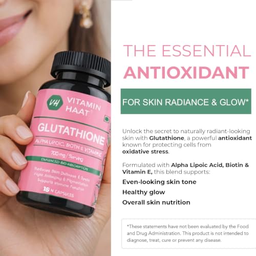 Image of L Glutathione Supplement with Vitamin C, Alpha Lipoic Acid, Biotin, Vitamin E & Grape Seed Extract | Glutathione for Antioxidant Support, Skin Wellness & Beauty Nutrition | 15 Capsules by VitaminHaat