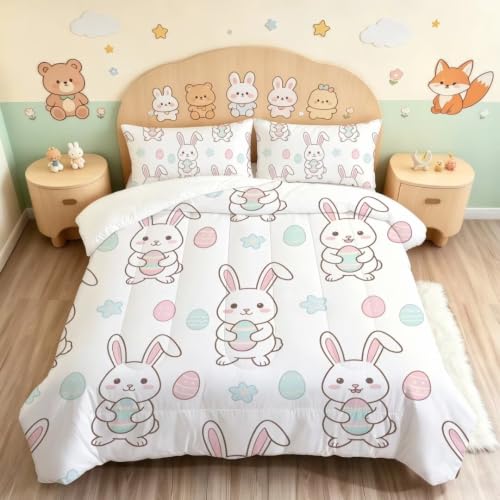 Image of Cute Easter Bunny Comforter Set Twin Size White Rabbit Bedding Set | Cute Cartoon Rabbit Holding Eggs Bedding Set for Kids Boys Girls, Soft Microfiber Bed Set with Pillowcase for Room Decor