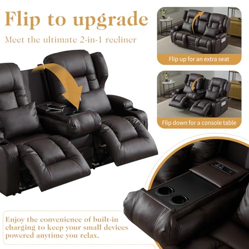 Image of Loveseat Recliner Sofa with Flip-up Console,RV Wall Hugger Recliners for Small Spaces,Reclining Loveseat Sofa Recliner with Cup Holders /Lumbar Pillows,RV Furniture (PU Brown, 68 inch 2-Seater)