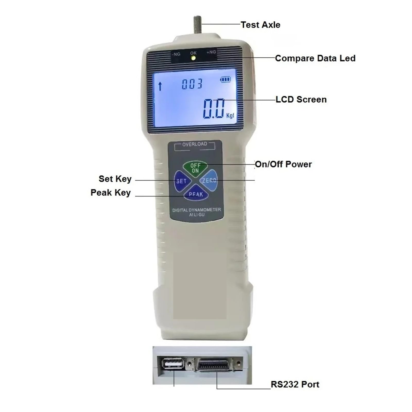 Jauge de tension numérique DS2 100 N-5 KN, mesureur force push-pull externe for essais destructifs et compression en laboratoire Avec conversion d'unités multiples(5000N)