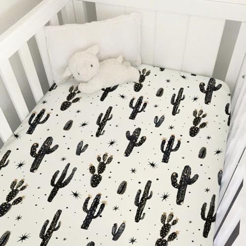 Image of Boho Cactus Baby Crib Sheet 52''x28'' Retro Black Golden Cactus Fitted Crib Mattress Cover Wild Cactus Soft Baby Sheet for Boy Girl Western Plants Nursery Bedding for Standard Crib Toddler Mattress