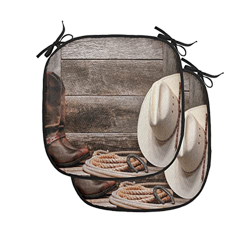 Lunarable Western Chair Cushion Pads Set of 2, American West Rodeo Traditional Straw Cowboy Hat Leather Boots Print, Anti-Slip Seat Padding for Kitchen & Patio, 16
