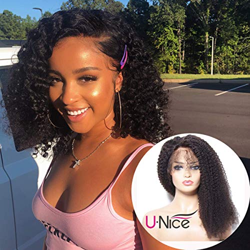 UNice Hair Bettyou Series Lace Front Human Hair Wigs for Women Brazilian Remy Hair Afro Kinky Curly Wig with Baby Hair Black Color 130% Density (18inch)