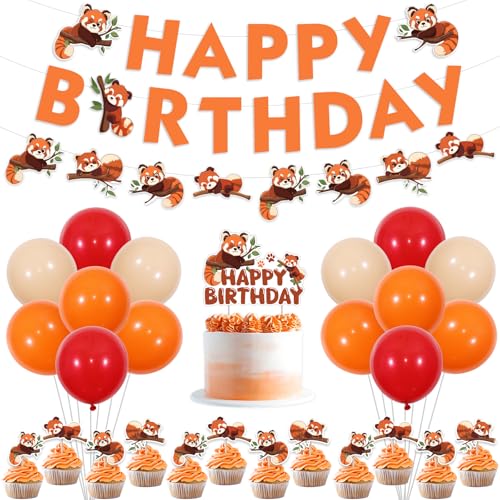 Decoração de aniversário de panda vermelho, grinalda de aniversário de panda vermelho, grinalda de decoração para bolos, balões de panda e bambu, decoração de aniversário para crianças, lindo tema de