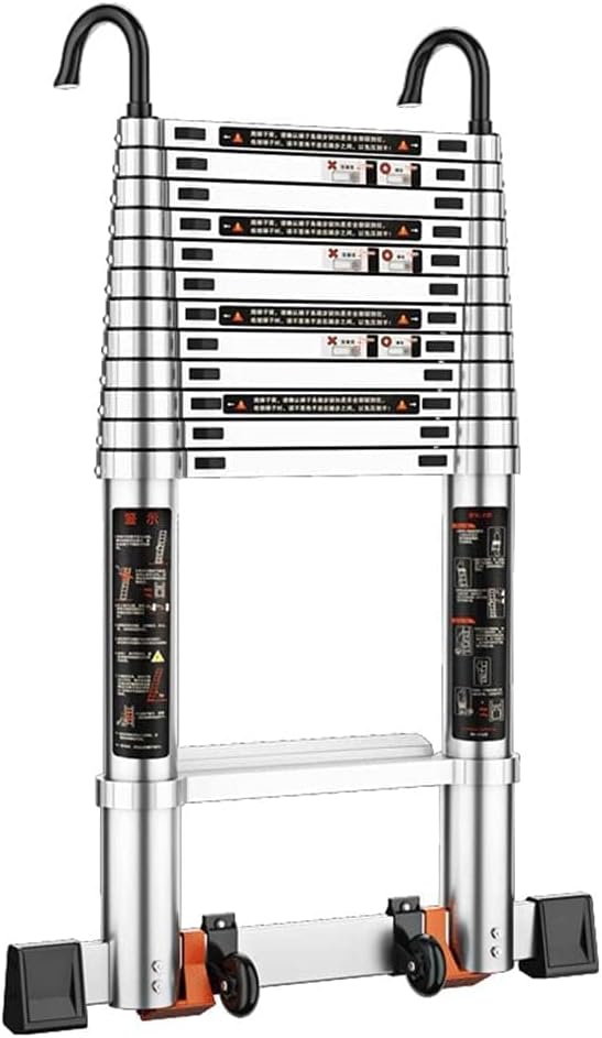 Escalera telescópica portátil y plegable de aluminio telescópica con ruedas de gancho desmontables y peldaño inferior para techo, oficina, hogar,