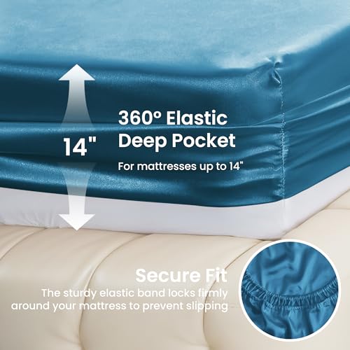 Image of Love's cabin Full Size Satin Sheet Sets - 4 Piece Teal Silky Satin Sheet Set Full with Deep Pocket, Luxury Silk Feel Satin Bed Sheets Full Bedding Set (1 Flat Sheet,1 Fitted Sheet,2 Pillow Cases)