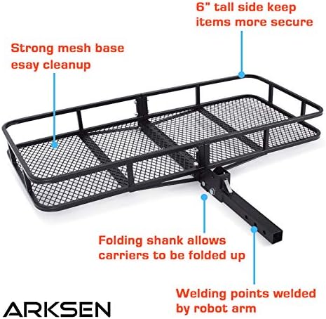 ARKSEN 60 x 25 Inch Folding Cargo Rack Carrier with Waterproof Cargo Bag & Nylon Net 500 Lbs Heavy Duty Capacity 2 Inch Receiver Luggage Basket Hitch Fold Up for SUV Pickup Camping Traveling