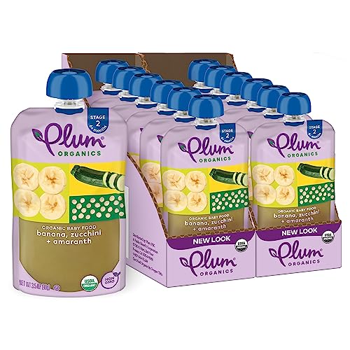 Plum Organics Stage 2 Organic Baby Food - Banana, Zucchini, and Amaranth - 3.5 oz Pouch (Pack of 12) - Organic Fruit and Vegetable Baby Food Pouch
