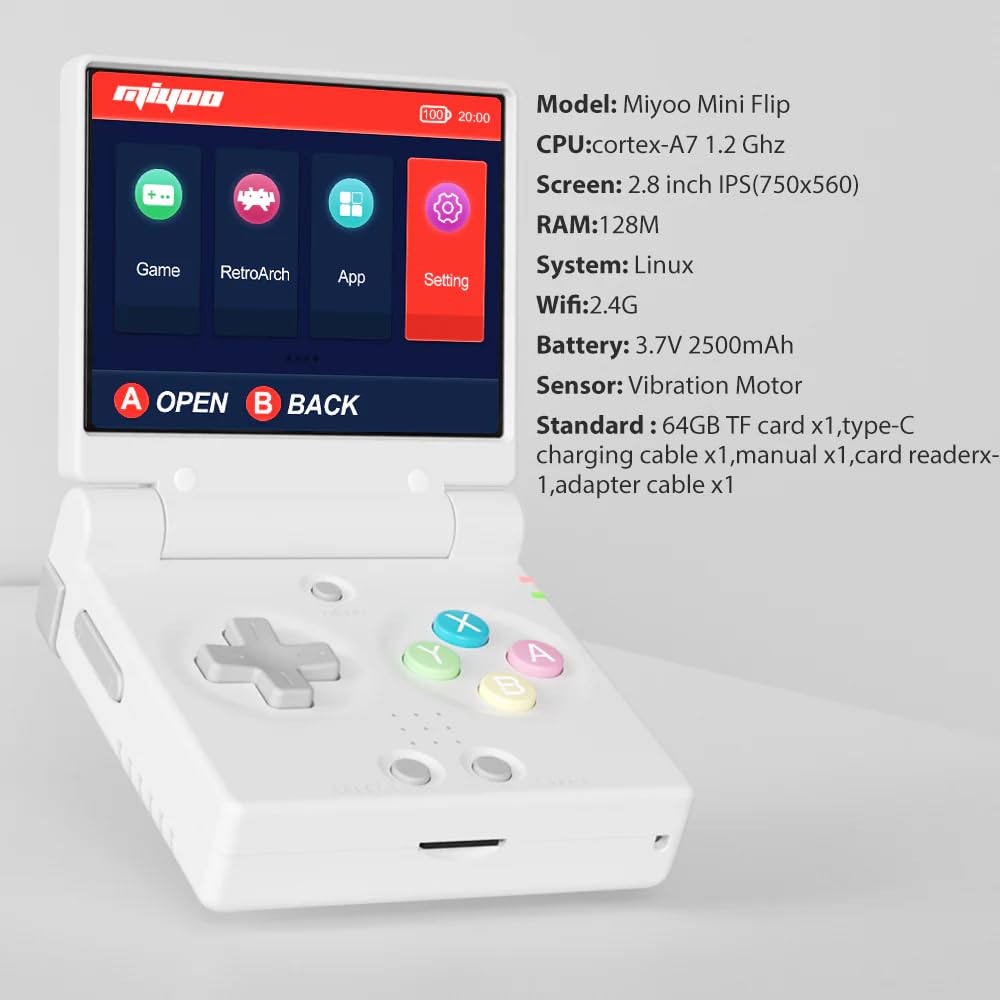 Whatsko Miyoo-Flip V2 – Console Rétro 3,5″ IPS, RK3566, 64 Go, WiFi, Bluetooth, HDMI